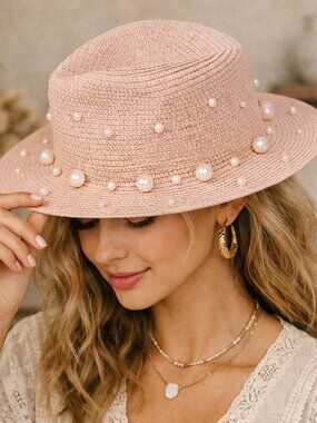 Pink Straw Fedora Hat Pearl Beads Sun Beach Elegant